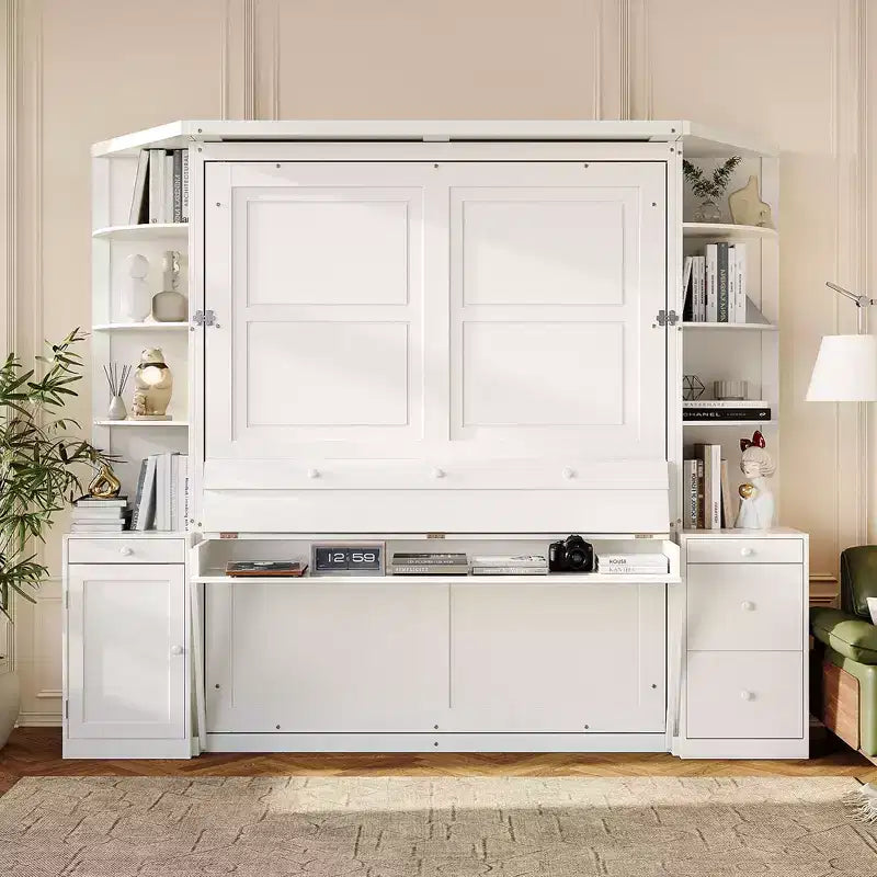 Lit escamotable Queen Size avec étagères de rangement et armoires, lit armoire Queen en bois avec bureau, lit mural pliable pour chambre d'amis ou bureau