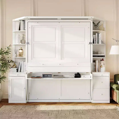 Lit escamotable Queen Size avec étagères de rangement et armoires, lit armoire Queen en bois avec bureau, lit mural pliable pour chambre d'amis ou bureau