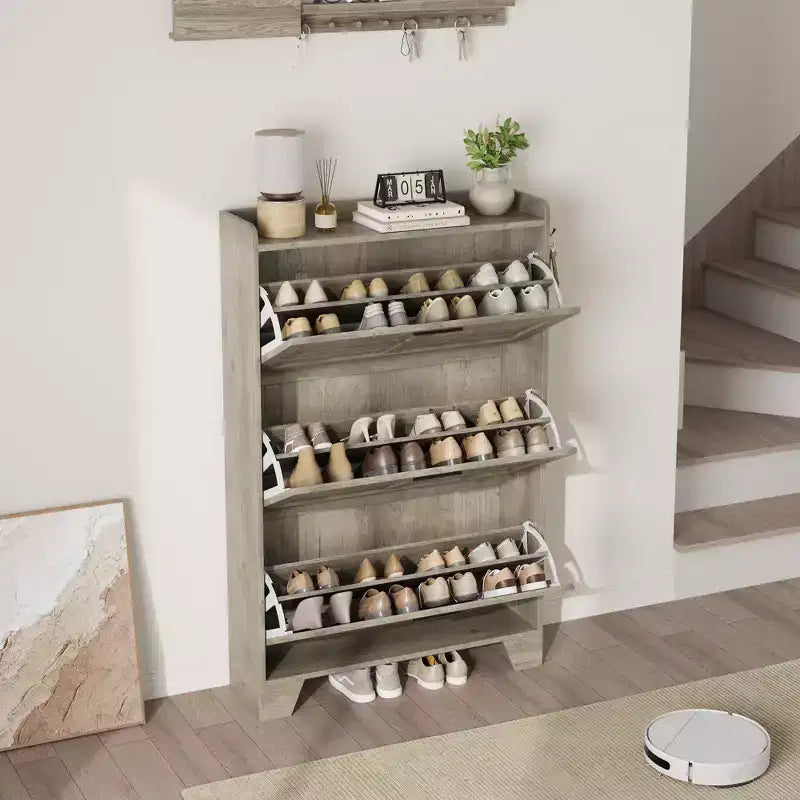 Meuble à chaussures de rangement pour entrée, meuble à chaussures étroit avec 3 tiroirs basculants, meuble à chaussures mince et dissimulé autonome