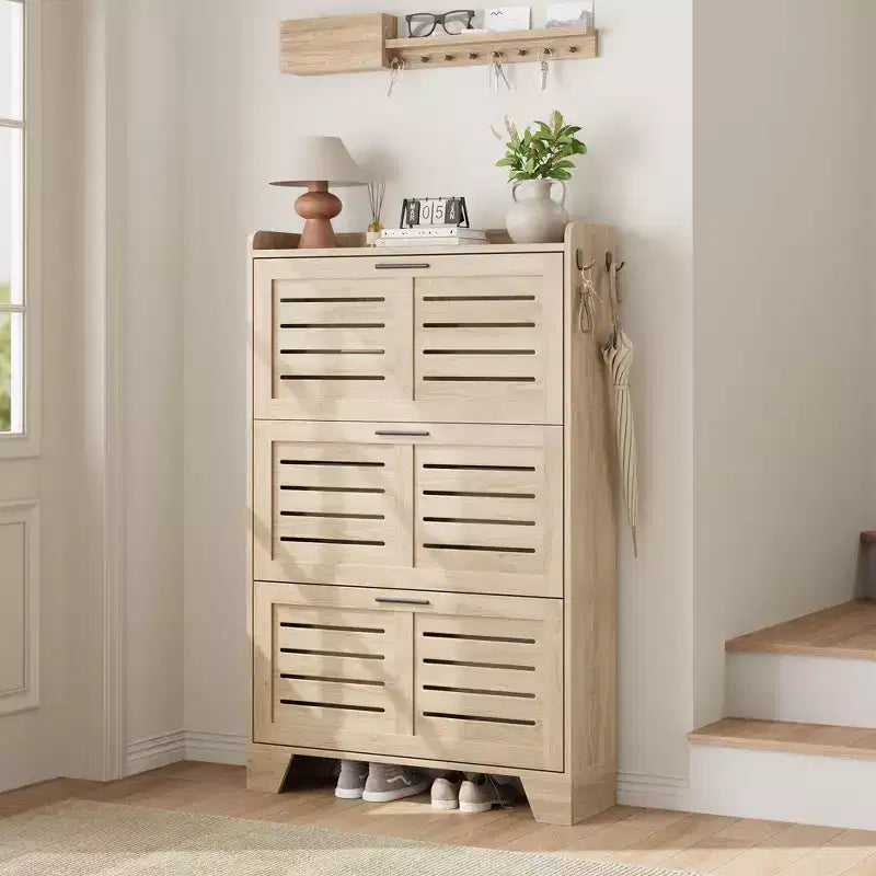 Meuble à chaussures de rangement pour entrée, meuble à chaussures étroit avec 3 tiroirs basculants, meuble à chaussures mince et dissimulé autonome