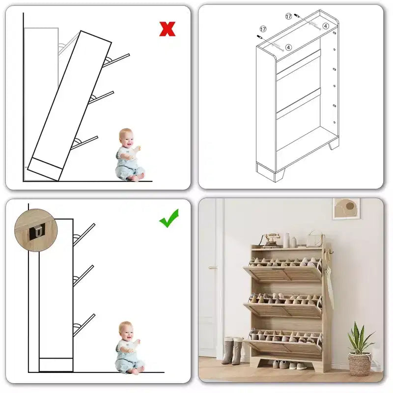 Meuble à chaussures de rangement pour entrée, meuble à chaussures étroit avec 3 tiroirs basculants, meuble à chaussures mince et dissimulé autonome
