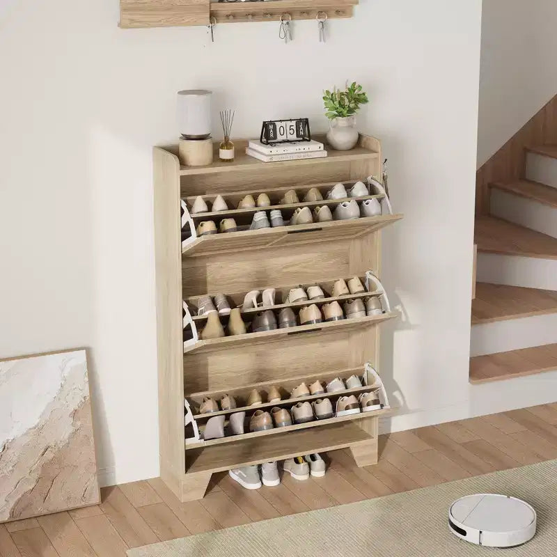 Meuble à chaussures de rangement pour entrée, meuble à chaussures étroit avec 3 tiroirs basculants, meuble à chaussures mince et dissimulé autonome