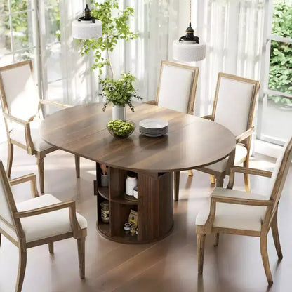 Table à manger extensible HOMCOM pour 6 personnes, table de cuisine ovale de style rustique de 152 cm avec étagère de rangement à 2 niveaux et portes coulissantes cannelées