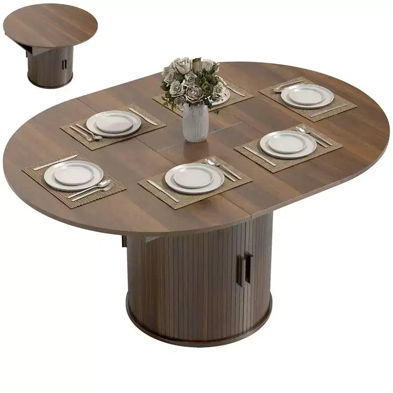 Table à manger extensible HOMCOM pour 6 personnes, table de cuisine ovale de style rustique de 152 cm avec étagère de rangement à 2 niveaux et portes coulissantes cannelées
