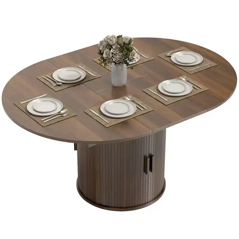 Table à manger extensible HOMCOM pour 6 personnes, table de cuisine ovale de style rustique de 152 cm avec étagère de rangement à 2 niveaux et portes coulissantes cannelées