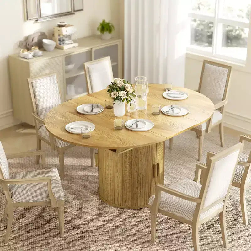 Table à manger extensible HOMCOM pour 6 personnes, table de cuisine ovale de style rustique de 152 cm avec étagère de rangement à 2 niveaux et portes coulissantes cannelées