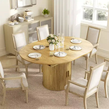 Table à manger extensible HOMCOM pour 6 personnes, table de cuisine ovale de style rustique de 152 cm avec étagère de rangement à 2 niveaux et portes coulissantes cannelées