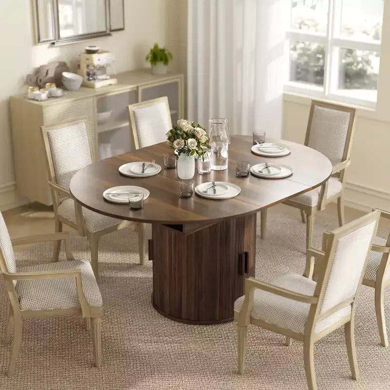 HOMCOM Extendable Dining Table for 6, 60 Inch Farmhouse Oval Kitchen Table with 2-Tier Storage Shelf and Fluted Sliding Doors