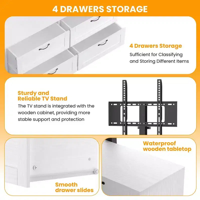 Meuble TV avec support et 4 tiroirs de rangement pour salon, chambre à coucher, compatible avec les téléviseurs de 32/45/55/65/75/80 pouces