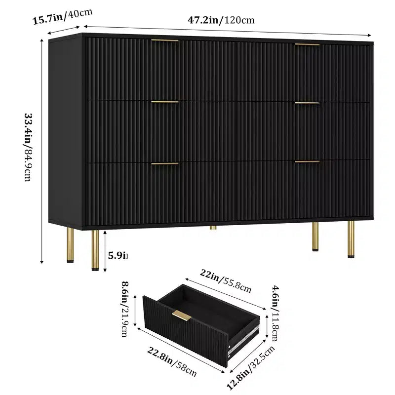 Fluted 7-Drawer Wood Dresser, Modern Black with Gold Handle for Bedroom, Black