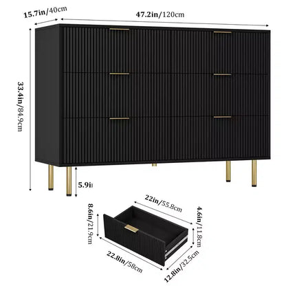 Fluted 7-Drawer Wood Dresser, Modern Black with Gold Handle for Bedroom, Black
