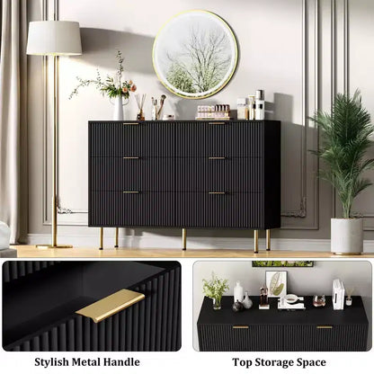 Commode en bois cannelé à 7 tiroirs, noir moderne avec poignée dorée pour chambre à coucher, noir