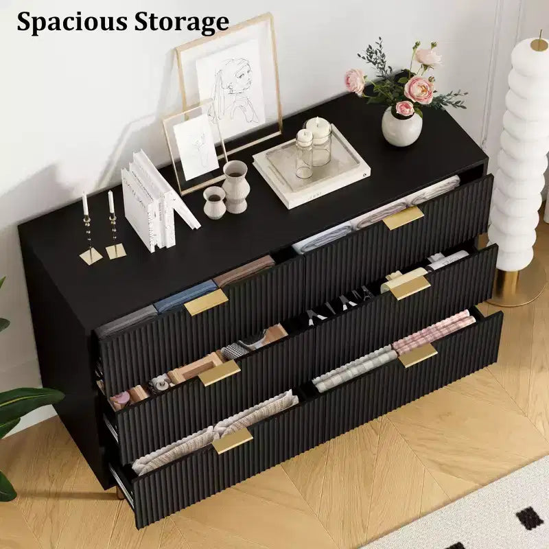 Commode en bois cannelé à 7 tiroirs, noir moderne avec poignée dorée pour chambre à coucher, noir