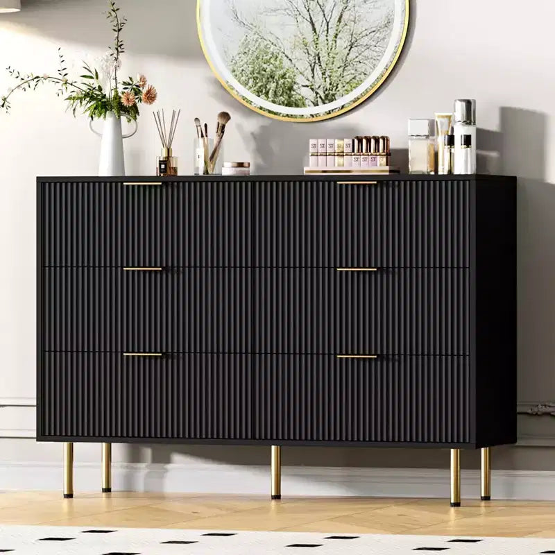 Commode en bois cannelé à 7 tiroirs, noir moderne avec poignée dorée pour chambre à coucher, noir