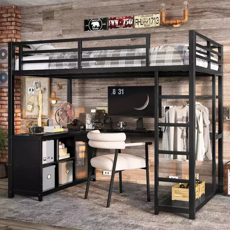 Metal Loft Bed with Wardrobe and L-shaped Desk Twin Size Loft Bed with Storage Cubes and Shelves Loft Bed for Kids Teens Adults Black