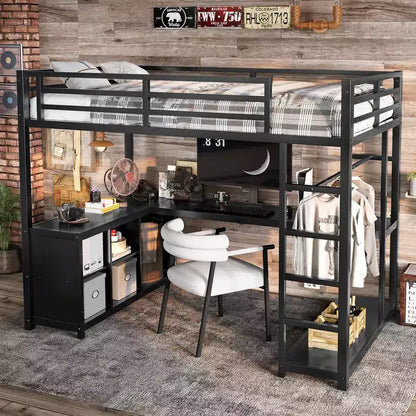 Lit mezzanine en métal avec armoire et bureau en L, lit mezzanine double avec casiers de rangement et étagères, lit mezzanine pour enfants, adolescents et adultes, noir