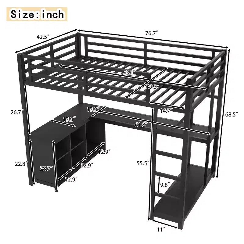 Lit mezzanine en métal avec armoire et bureau en L, lit mezzanine double avec casiers de rangement et étagères, lit mezzanine pour enfants, adolescents et adultes, noir