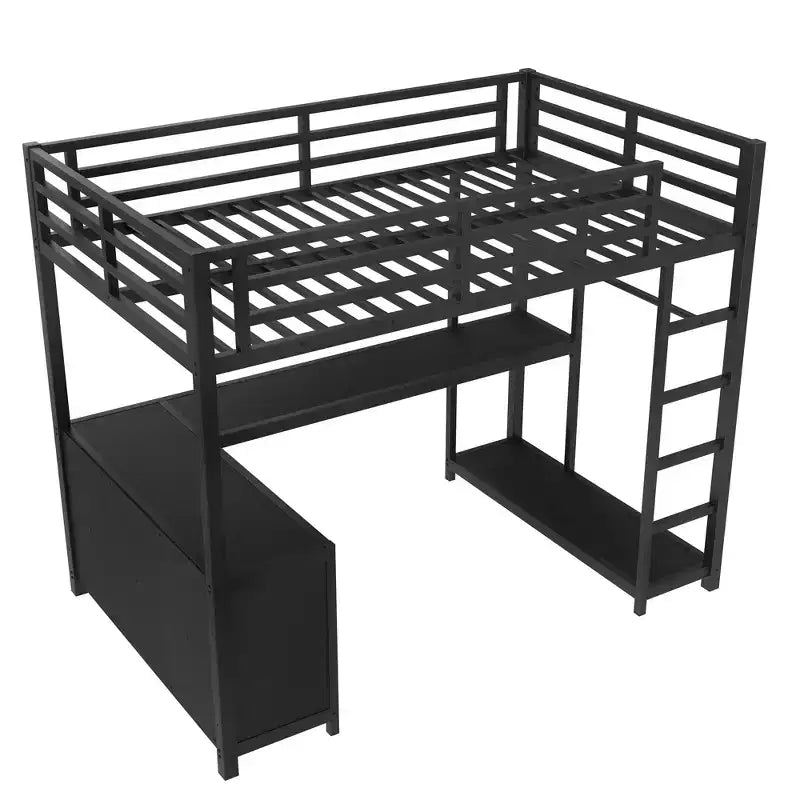 Lit mezzanine en métal avec armoire et bureau en L, lit mezzanine double avec casiers de rangement et étagères, lit mezzanine pour enfants, adolescents et adultes, noir