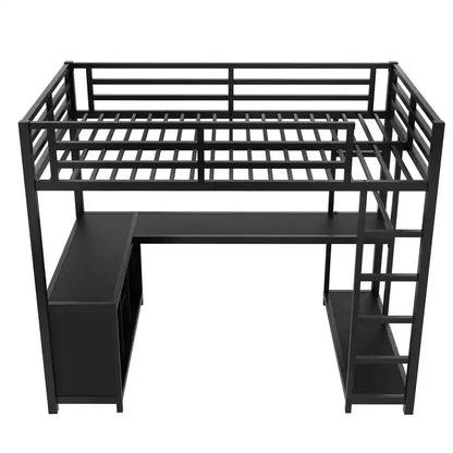 Lit mezzanine en métal avec armoire et bureau en L, lit mezzanine double avec casiers de rangement et étagères, lit mezzanine pour enfants, adolescents et adultes, noir