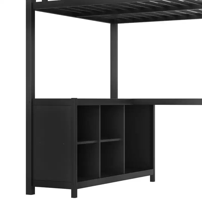 Lit mezzanine en métal avec armoire et bureau en L, lit mezzanine double avec casiers de rangement et étagères, lit mezzanine pour enfants, adolescents et adultes, noir