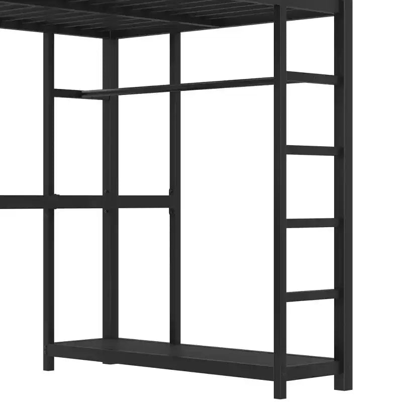 Lit mezzanine en métal avec armoire et bureau en L, lit mezzanine double avec casiers de rangement et étagères, lit mezzanine pour enfants, adolescents et adultes, noir