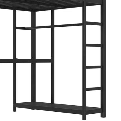 Lit mezzanine en métal avec armoire et bureau en L, lit mezzanine double avec casiers de rangement et étagères, lit mezzanine pour enfants, adolescents et adultes, noir