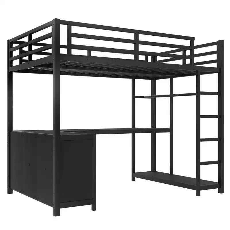 Lit mezzanine en métal avec armoire et bureau en L, lit mezzanine double avec casiers de rangement et étagères, lit mezzanine pour enfants, adolescents et adultes, noir