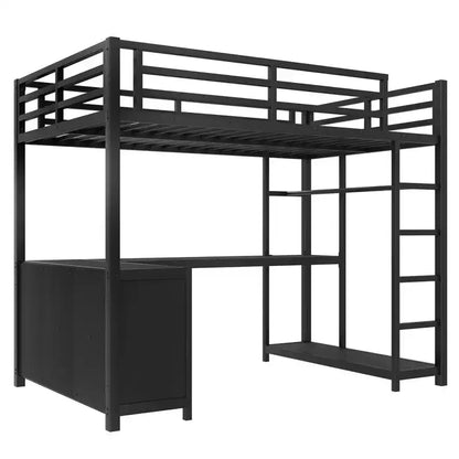Lit mezzanine en métal avec armoire et bureau en L, lit mezzanine double avec casiers de rangement et étagères, lit mezzanine pour enfants, adolescents et adultes, noir