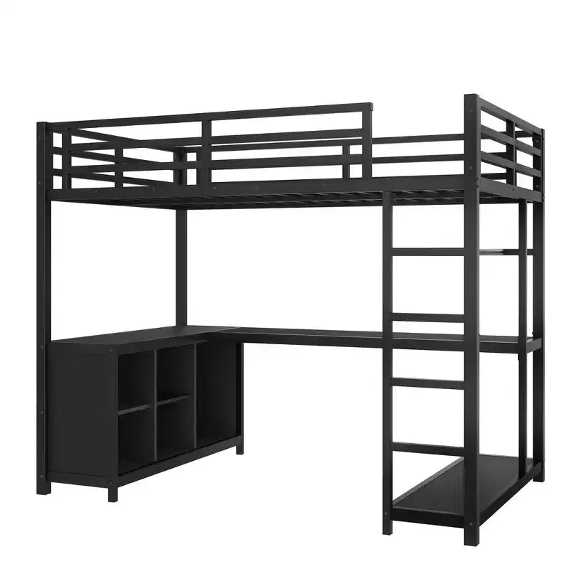 Lit mezzanine en métal avec armoire et bureau en L, lit mezzanine double avec casiers de rangement et étagères, lit mezzanine pour enfants, adolescents et adultes, noir