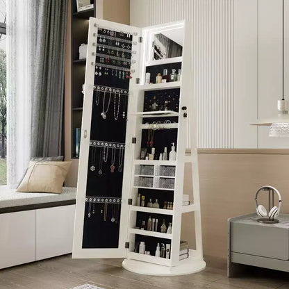 JVNOXK 360 Rotating Vertical Jewelry Cabinet Storage Rack 360 Rotating Jewelry Cabinet with Full-Length Mirror Lockable Storage Cabinet White