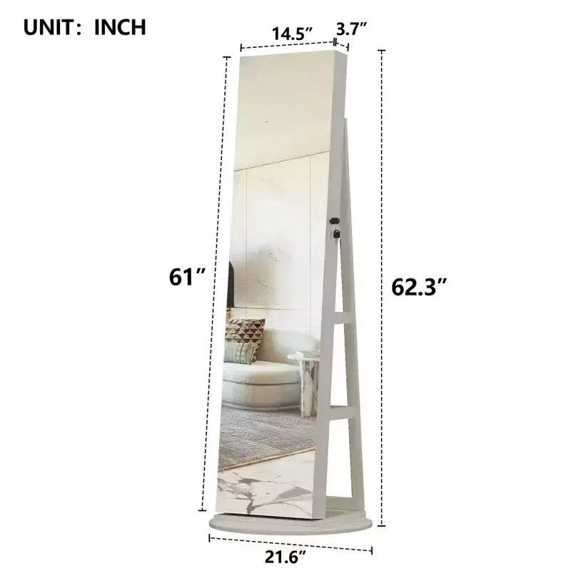 JVNOXK Armoire à Bijoux Verticale Rotative à 360° avec Rangement, Armoire à Bijoux Rotative à 360° avec Miroir Pleine Longueur, Armoire de Rangement Verrouillable Blanche