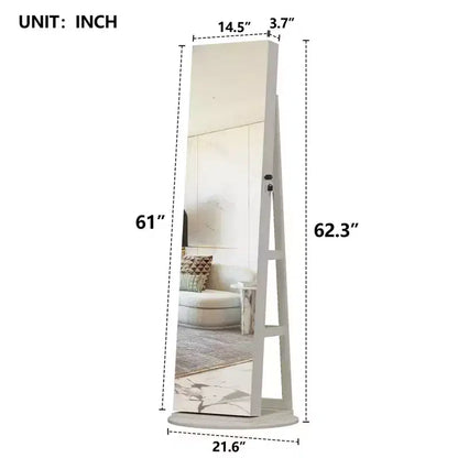 JVNOXK Armoire à Bijoux Verticale Rotative à 360° avec Rangement, Armoire à Bijoux Rotative à 360° avec Miroir Pleine Longueur, Armoire de Rangement Verrouillable Blanche