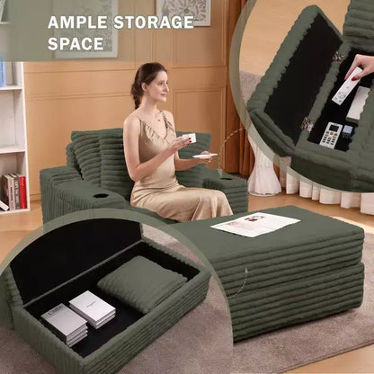 Fauteuil crapaud surdimensionné en velours côtelé - Canapé convertible rembourré d'intérieur Cloud, pouf de rangement, 3 oreillers, lit individuel pour salon