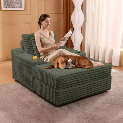 Fauteuil crapaud surdimensionné en velours côtelé - Canapé convertible rembourré d'intérieur Cloud, pouf de rangement, 3 oreillers, lit individuel pour salon
