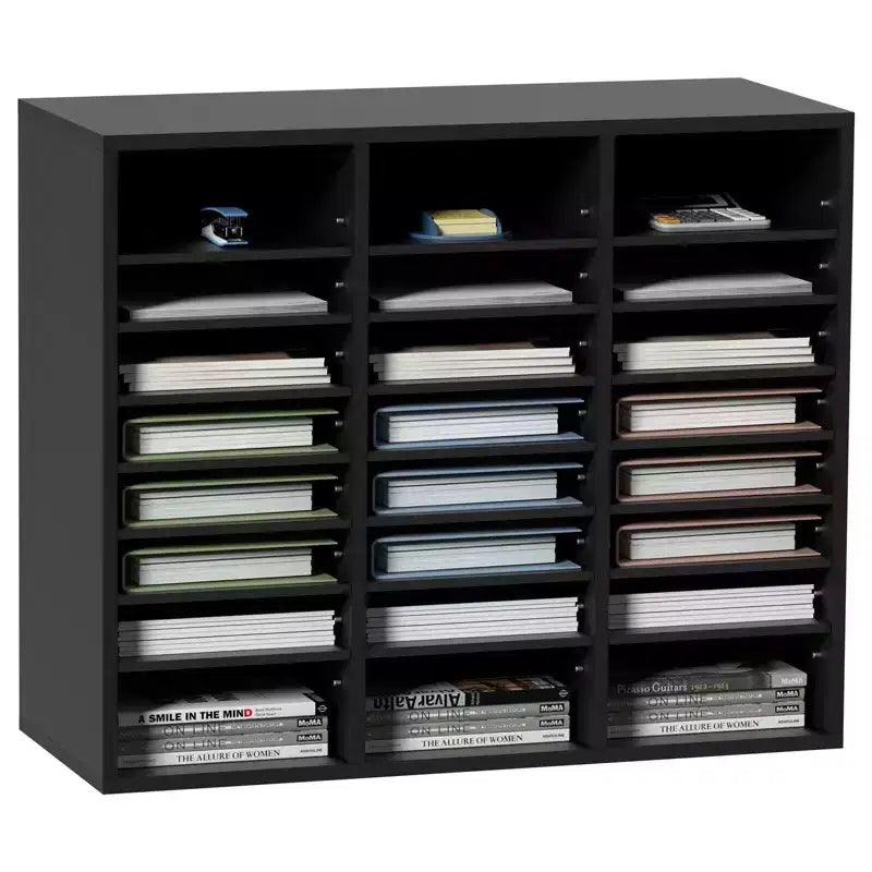 Wood Literature Organizer 24 Compartment File Sorter with Removable Shelves for Office Classroom Mail Slots Document Storage Black Finish