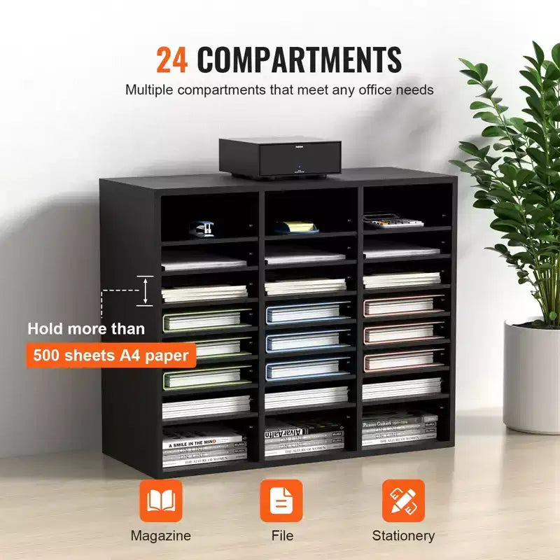 Organisateur de documents en bois à 24 compartiments avec étagères amovibles pour bureau, salle de classe, casiers à courrier, rangement de documents, finition noire