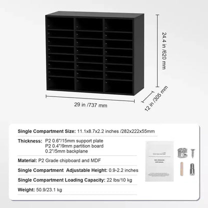 Organisateur de documents en bois à 24 compartiments avec étagères amovibles pour bureau, salle de classe, casiers à courrier, rangement de documents, finition noire