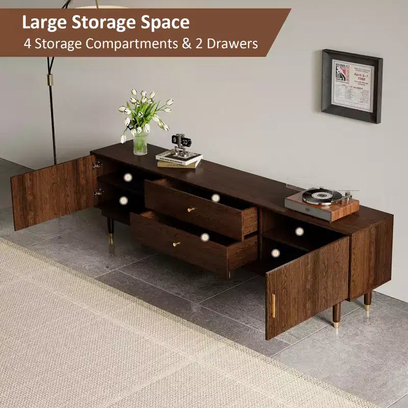 JVNOXK 78.7Meuble TV Mid-century Moderne avec tiroirs de rangement, Meuble média pour salon ou chambre à coucher, Noyer
