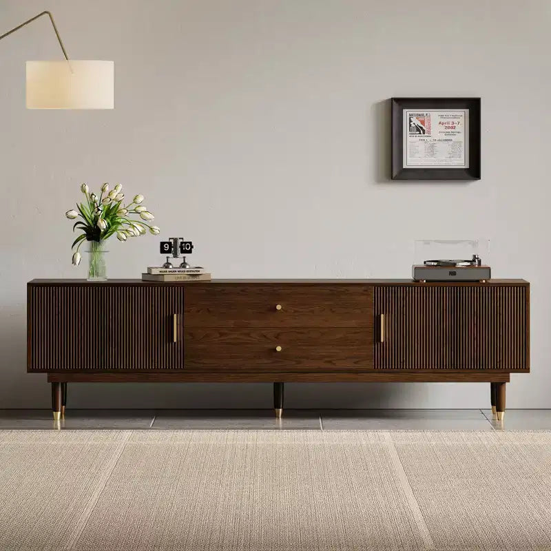 JVNOXK 78.7Meuble TV Mid-century Moderne avec tiroirs de rangement, Meuble média pour salon ou chambre à coucher, Noyer