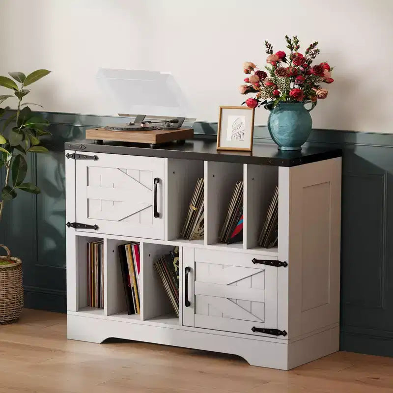 Meuble de rangement pour disques vinyles de 99 cm, meuble de lecture de disques vinyles en bois de style ferme avec armoire de rangement et 2 portes coulissantes pour salon ou chambre à coucher