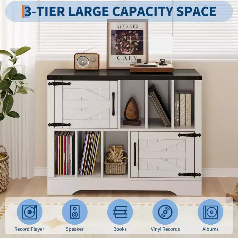 Meuble de rangement pour disques vinyles de 99 cm, meuble de lecture de disques vinyles en bois de style ferme avec armoire de rangement et 2 portes coulissantes pour salon ou chambre à coucher