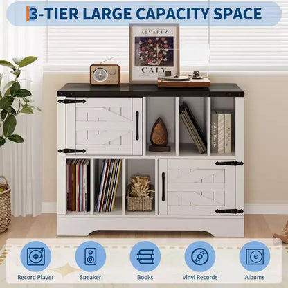 Meuble de rangement pour disques vinyles de 99 cm, meuble de lecture de disques vinyles en bois de style ferme avec armoire de rangement et 2 portes coulissantes pour salon ou chambre à coucher