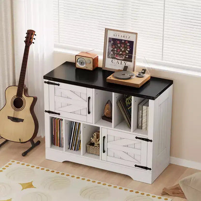 Meuble de rangement pour disques vinyles de 99 cm, meuble de lecture de disques vinyles en bois de style ferme avec armoire de rangement et 2 portes coulissantes pour salon ou chambre à coucher