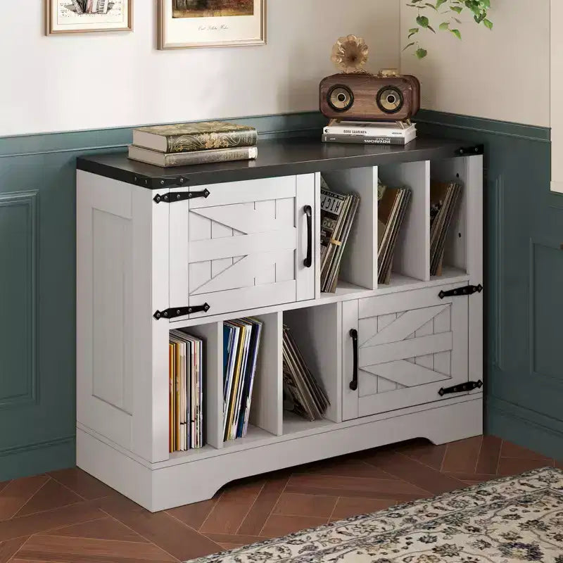 Meuble de rangement pour disques vinyles de 99 cm, meuble de lecture de disques vinyles en bois de style ferme avec armoire de rangement et 2 portes coulissantes pour salon ou chambre à coucher