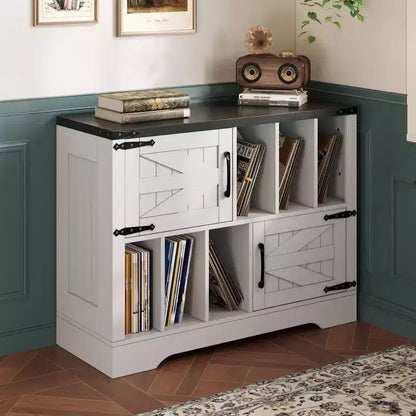 Meuble de rangement pour disques vinyles de 99 cm, meuble de lecture de disques vinyles en bois de style ferme avec armoire de rangement et 2 portes coulissantes pour salon ou chambre à coucher
