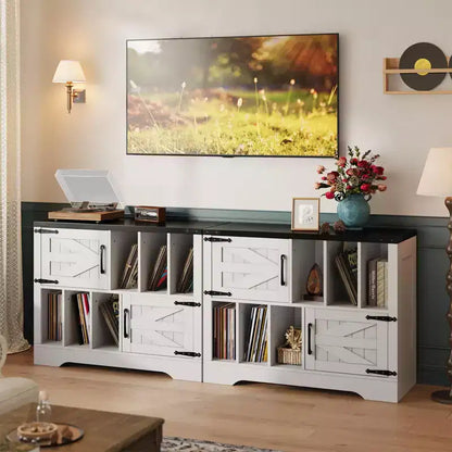 Meuble de rangement pour disques vinyles de 99 cm, meuble de lecture de disques vinyles en bois de style ferme avec armoire de rangement et 2 portes coulissantes pour salon ou chambre à coucher