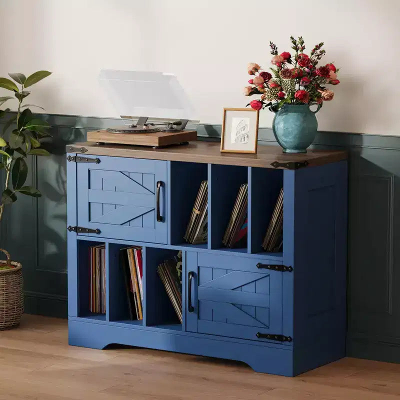 Meuble de rangement pour disques vinyles de 99 cm, meuble de lecture de disques vinyles en bois de style ferme avec armoire de rangement et 2 portes coulissantes pour salon ou chambre à coucher