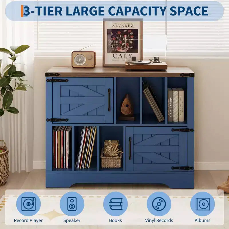 Meuble de rangement pour disques vinyles de 99 cm, meuble de lecture de disques vinyles en bois de style ferme avec armoire de rangement et 2 portes coulissantes pour salon ou chambre à coucher