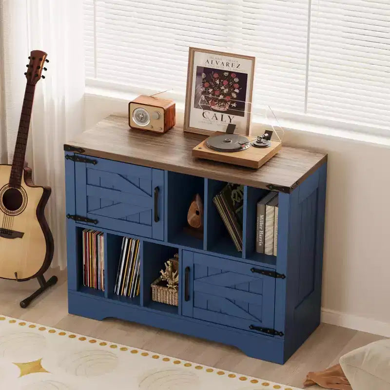 Meuble de rangement pour disques vinyles de 99 cm, meuble de lecture de disques vinyles en bois de style ferme avec armoire de rangement et 2 portes coulissantes pour salon ou chambre à coucher