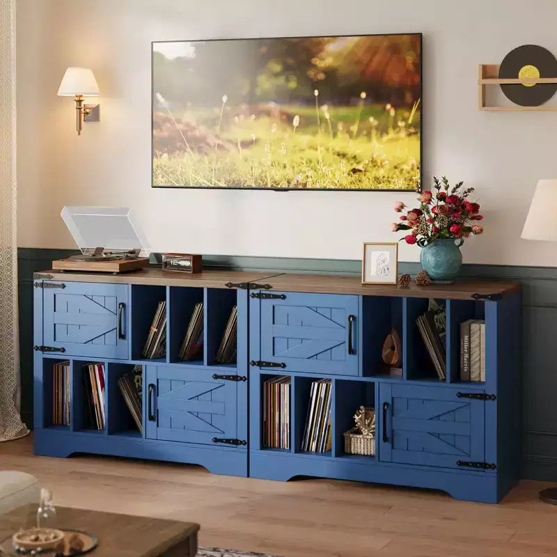 Meuble de rangement pour disques vinyles de 99 cm, meuble de lecture de disques vinyles en bois de style ferme avec armoire de rangement et 2 portes coulissantes pour salon ou chambre à coucher